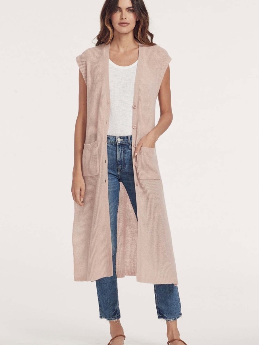 360 Cashmere Jasmin 100% Cashmere Long Sleeveless Cardigan Duster Sweater Medium